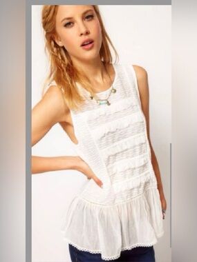 Free People Ivory Ruffled Peplum Tank